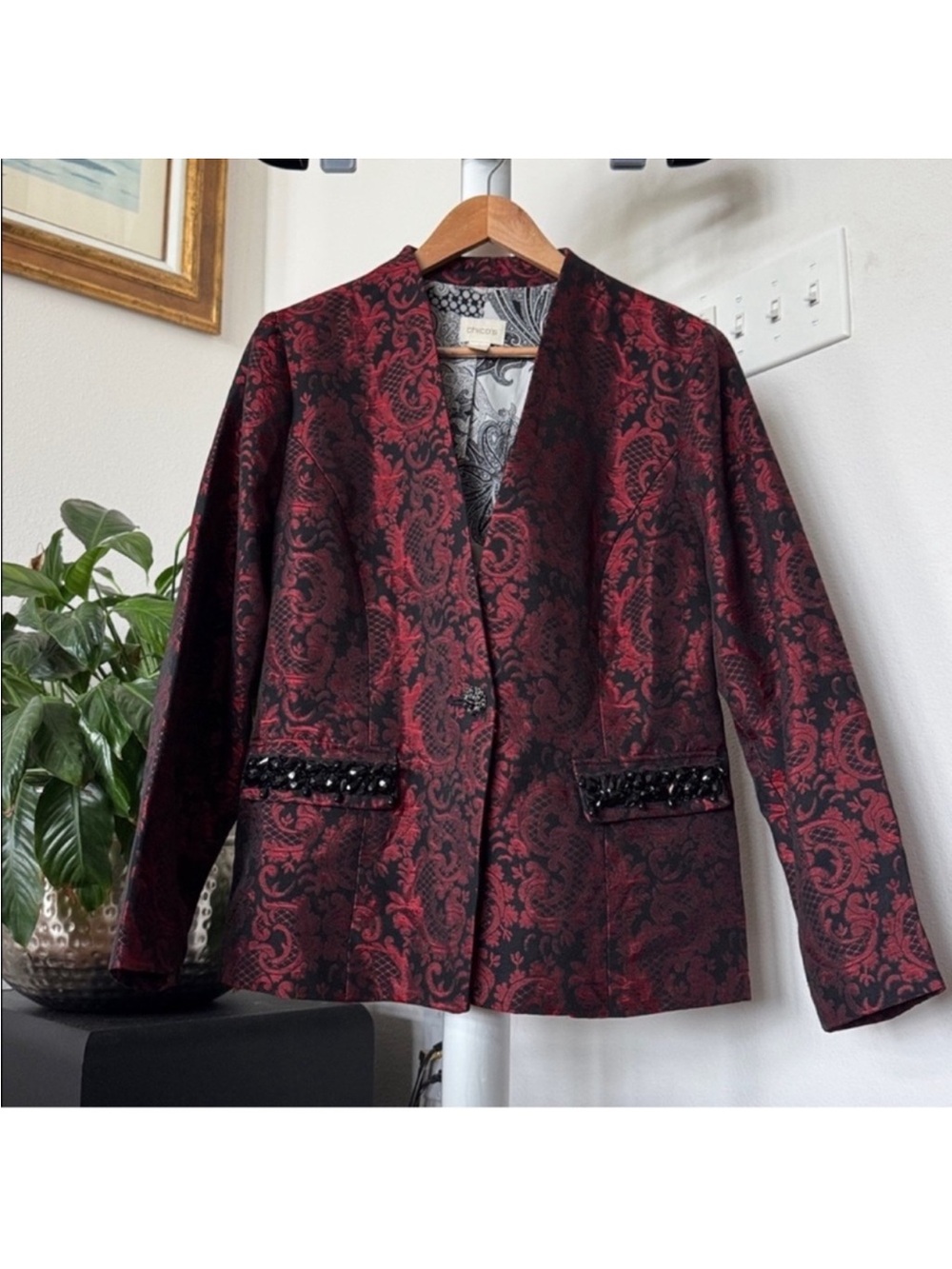 Chico’s Red & Black Brocade Embellished Blazer Jacket Sz L one Button Christmas